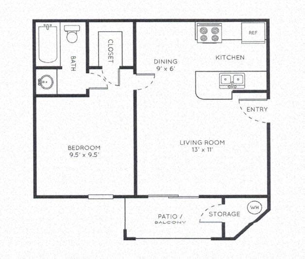 Floor plan for 1 bed, 1 bath, 510 sqft
